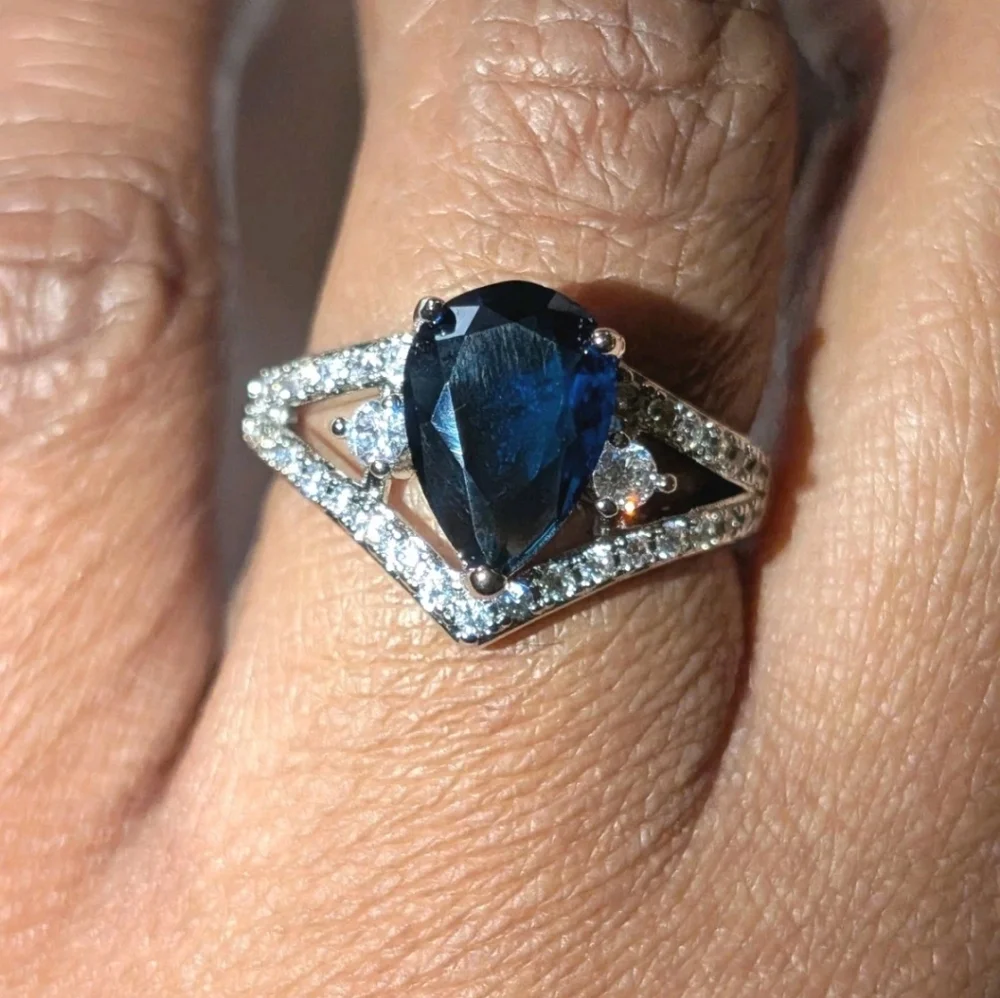 14K White Gold Plated 2Ct Pear Cut Lab-Created Tanzanite Engagement Women Ring
